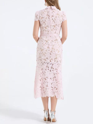 Pink floral lace midi dress with short sleeves, belt, and collar.