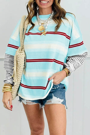 light blue t-shirt with striped and round neck