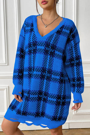 Royal blue plaid knit mini dress with distressed hem and v-neck