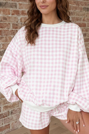 light pink pajama set with gingham and crew neck