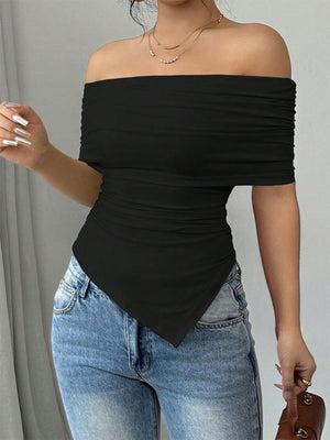 Black asymmetrical ruched off-shoulder top with a handkerchief hem