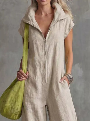 Full Zip Sleeveless Jumpsuit Plus Size in Apricot with pocketed