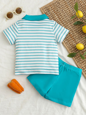 Children's striped polo shirt and turquoise shorts set with elastic waistband.