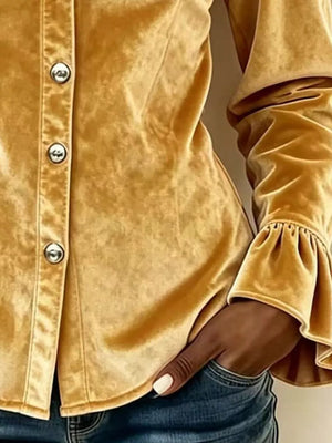 100% polyester Care instructions: Machine wash cold button-up shirt in Gold with fitted silhouette