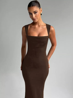 Brown bodycon maxi dress with square neckline and thick straps