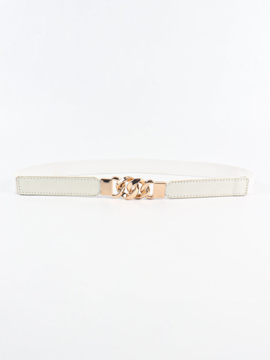 White faux leather belt with gold chain detail and buckle