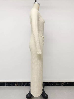 ivory midi dress with slit and long sleeve