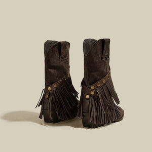 dark brown boots with ankle-length and pull-on