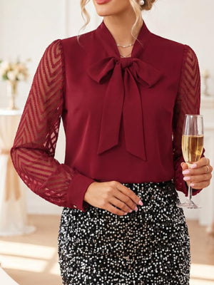 Bow-Tie Blouse With Sheer Chevron Sleeves in Wine Red
