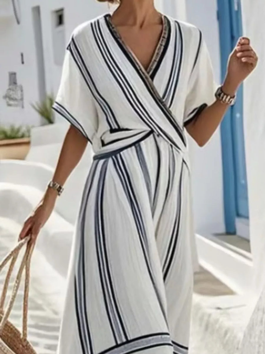 Tan Striped Short Sleeve Wrap Maxi Dress Plus Size