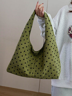 handbag in olive green with polka dot and polka-dot print