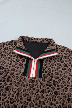 Leopard jacquard half-zip shirt with striped collar detail