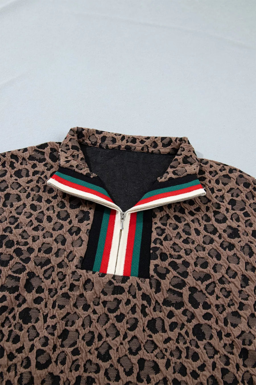 Leopard jacquard half-zip shirt with striped collar detail