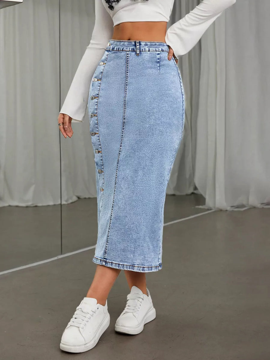 85% cotton, 15% polyester Care instructions: Machine wash cold midi skirt in Blue with straight silhouette