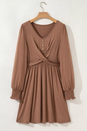 brown mini dress with stretch and bishop sleeve