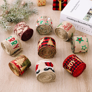 Festive holiday ribbons in burlap with Christmas patterns like Santa, trees, and JOY.