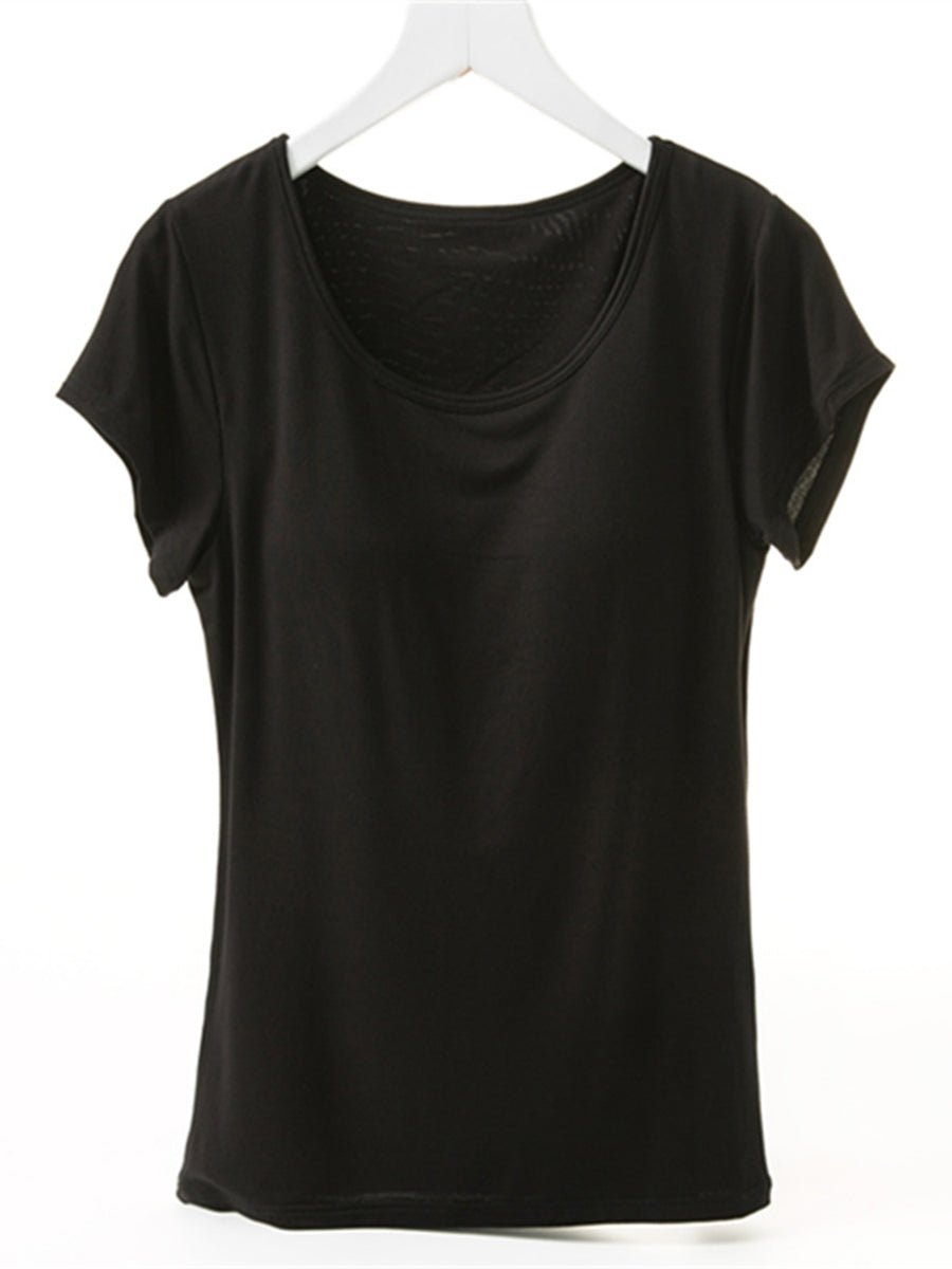 Black short sleeve t-shirt with built-in bralette and scoop neck