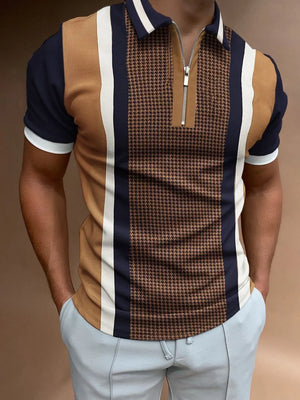 Houndstooth panel zip polo shirt with vertical stripes in camel, navy, and white.