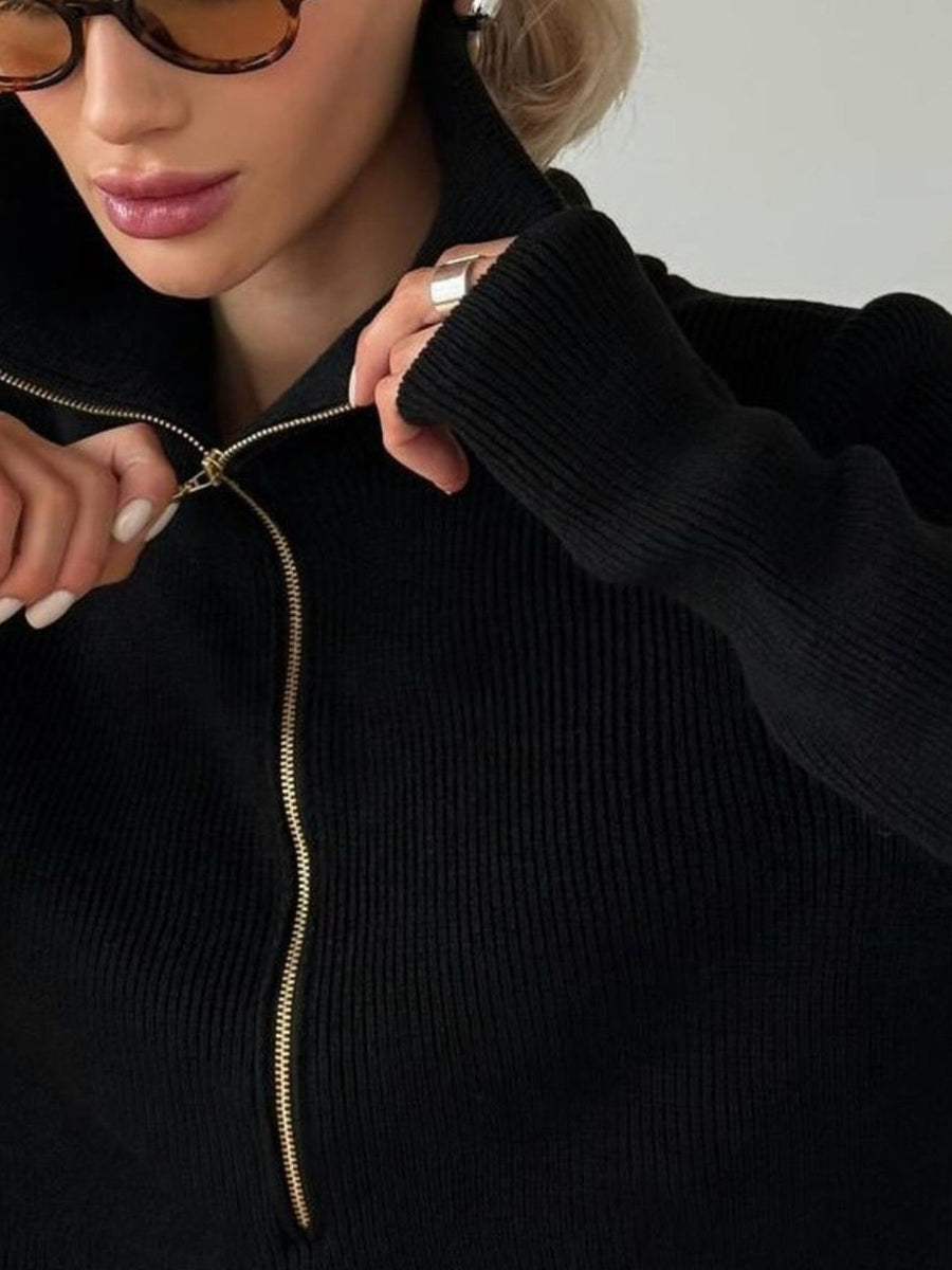 Ribbed Knit Quarter-Zip Sweater in Black with zipper