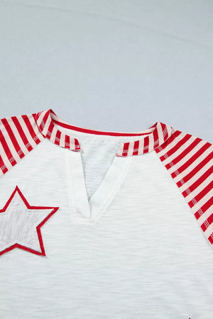White t-shirt with red striped raglan sleeves, V-neck, and a star applique.