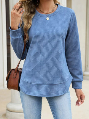 dusty blue sweatshirt with geometric and crew neck
