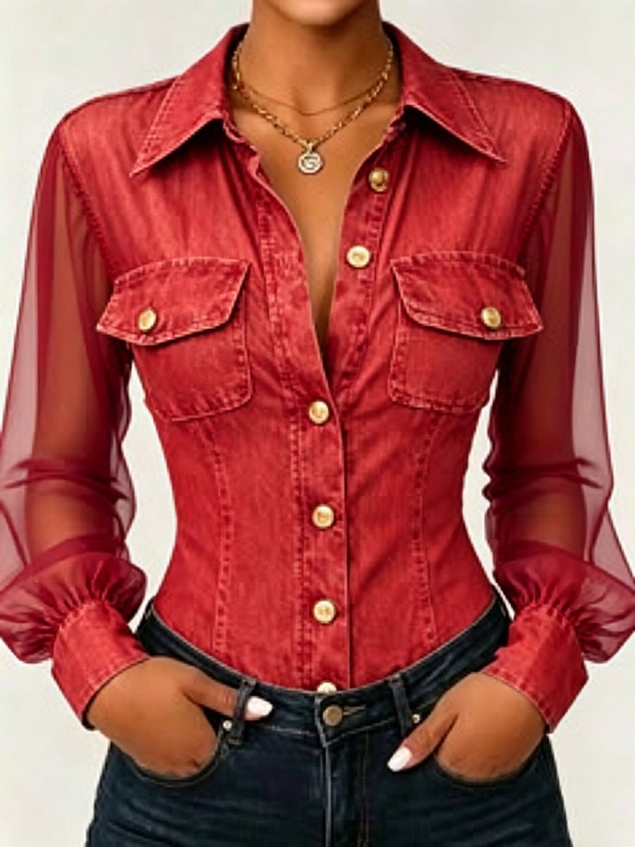 medium blue button-up shirt with sheer and long sleeve