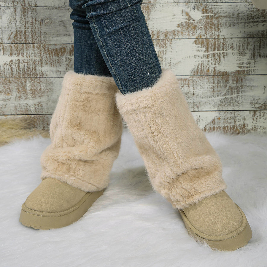 Suede Chunky-Sole Round Toe Platform Boots in Off-white with round toe