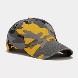 slate gray cap featuring curved brim and camo