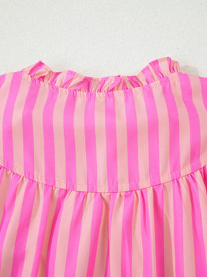 Vibrant pink and light pink striped blouse with ruffled neckline and cap sleeves.