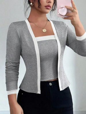 Gray two-piece cardigan set with white trim and a square neck tank top.