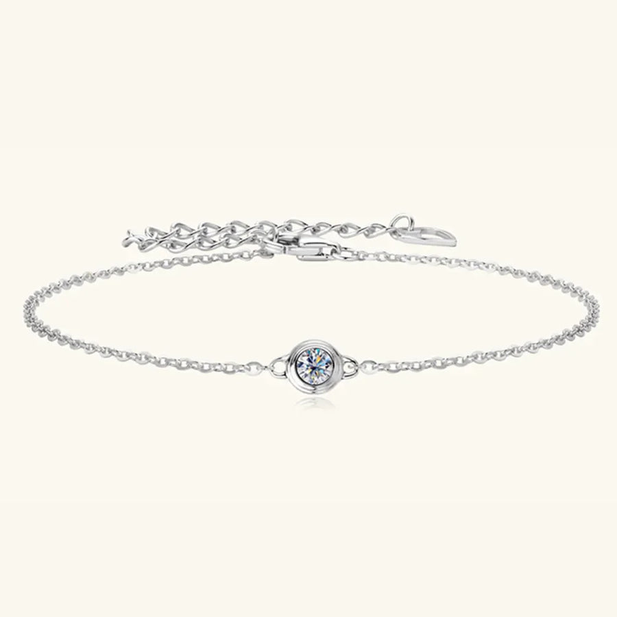Silver moissanite solitaire chain bracelet with adjustable clasp and extender.
