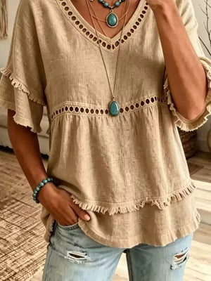 Tan relaxed blouse with v-neck