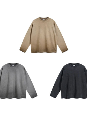Oversized washed cotton long sleeve t-shirts in camel, grey, and black with crew necks.