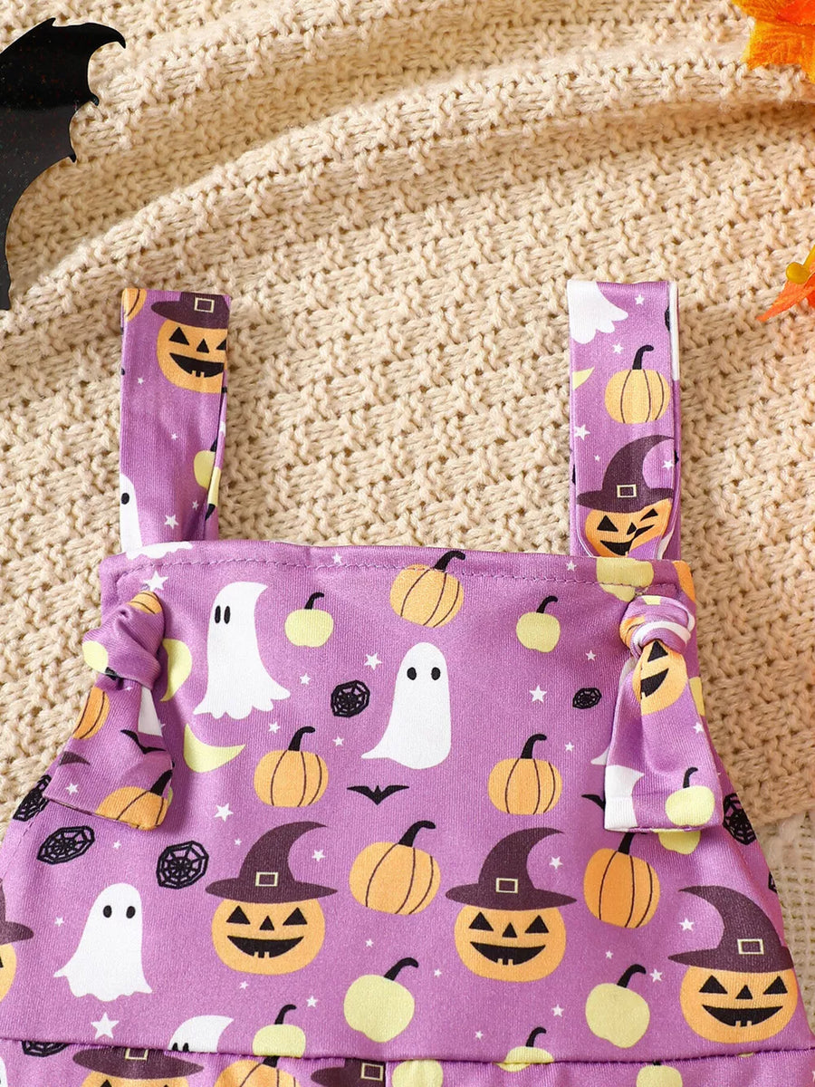 orange jumpsuit featuring ruffled and pumpkin-print
