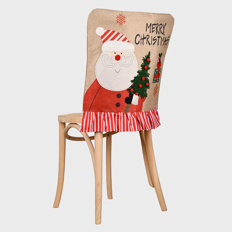 Burlap Christmas chair cover with Santa applique, red striped trim, and Merry Christmas text.