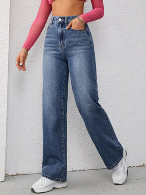 wide-leg jeans in medium blue featuring high-waisted and wide-leg fit