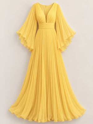 V-Neck Pleated Maxi Dress in Yellow with pleated