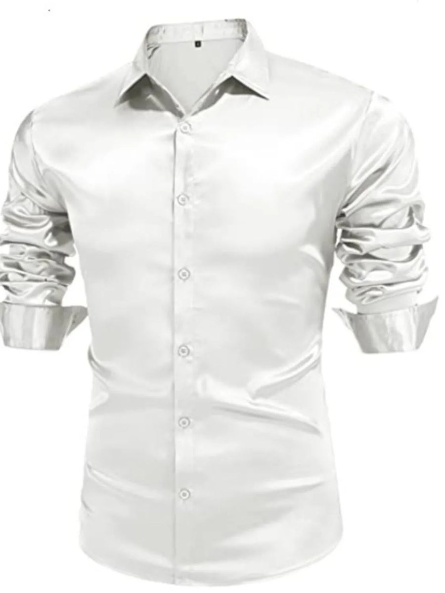 White satin finish slim fit button-down shirt with ruched sleeves