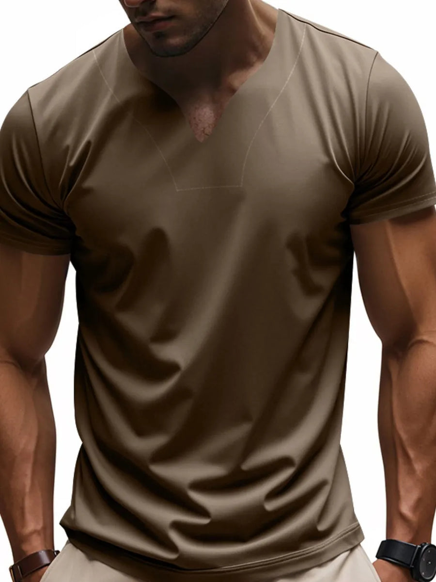 Men's taupe V-neck performance tee with short sleeves.