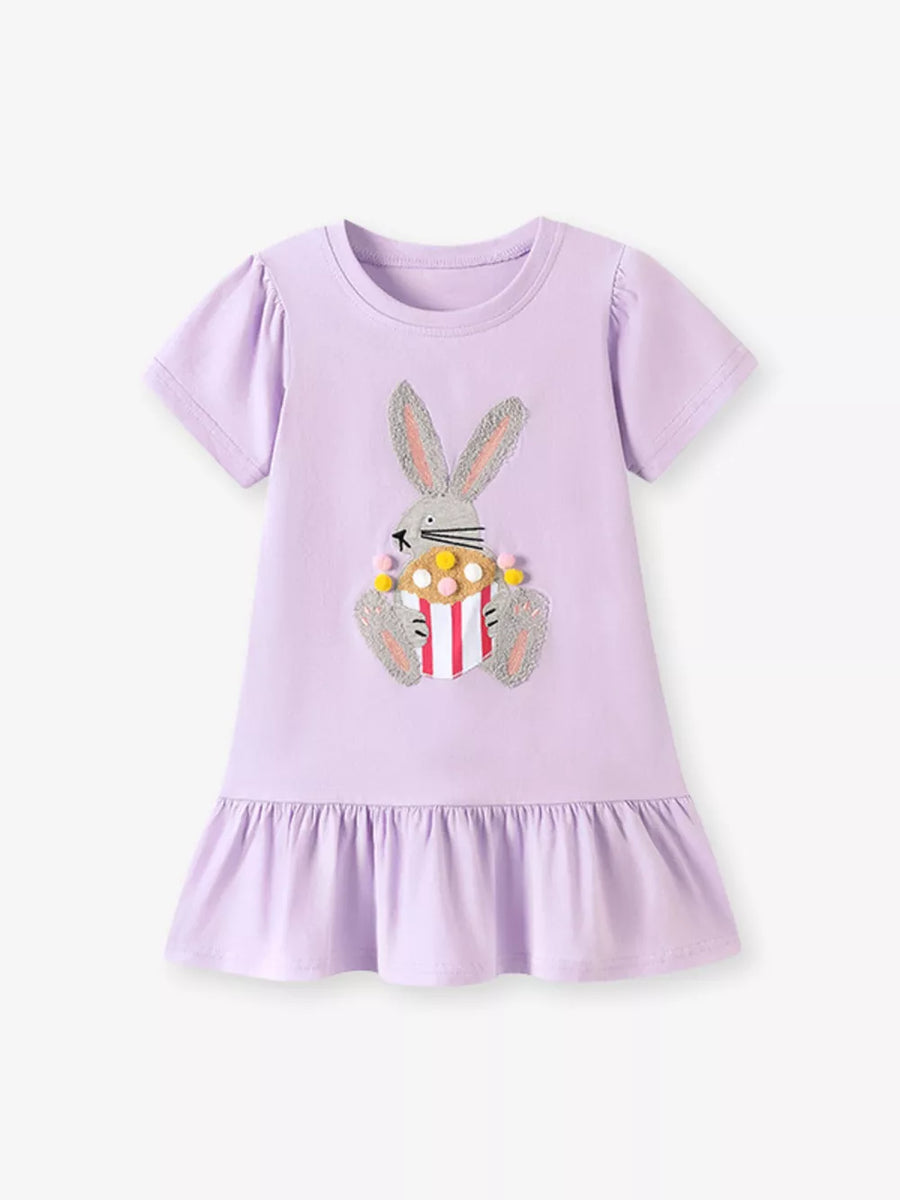Lavender cotton baby dress with bunny appliqué and ruffled hem