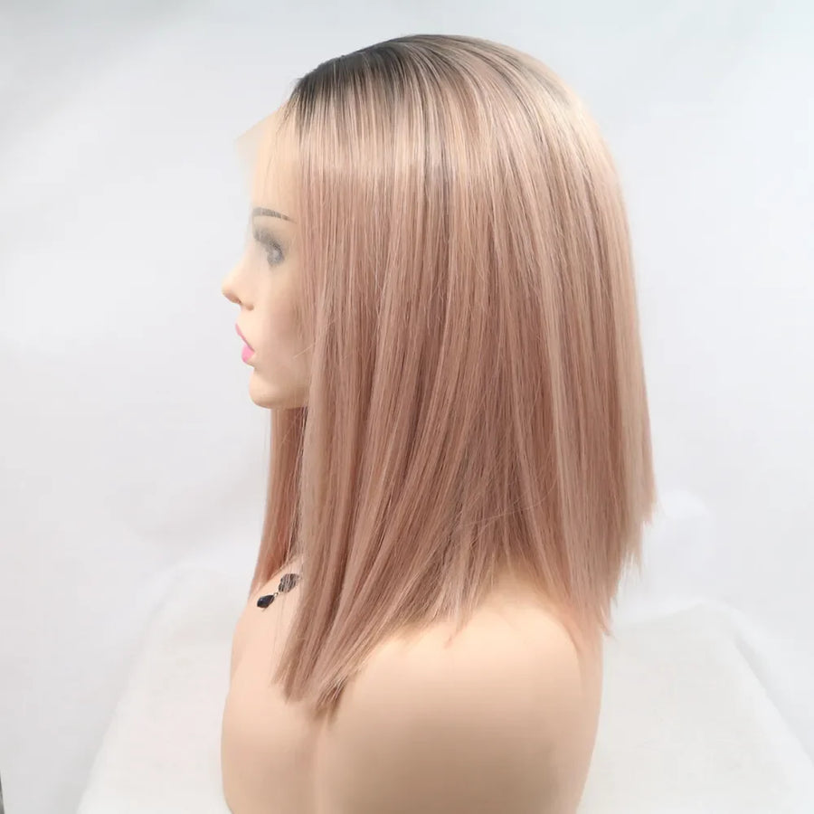 Ombre bob wig in black and pink with a straight cut and lace front.