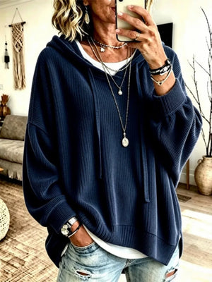 navy blue pullover hoodie with ribbed and hooded