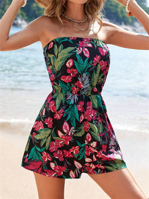 Multicolor floral print strapless ruched romper with elastic waist and short hem.