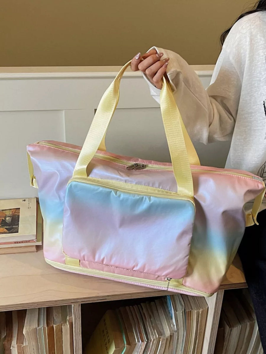 Iridescent gradient large duffel bag with yellow straps and front pocket