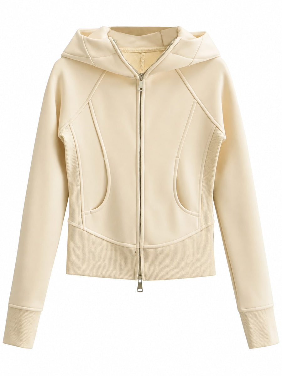 zip hoodie in ivory featuring zipper and slim fit