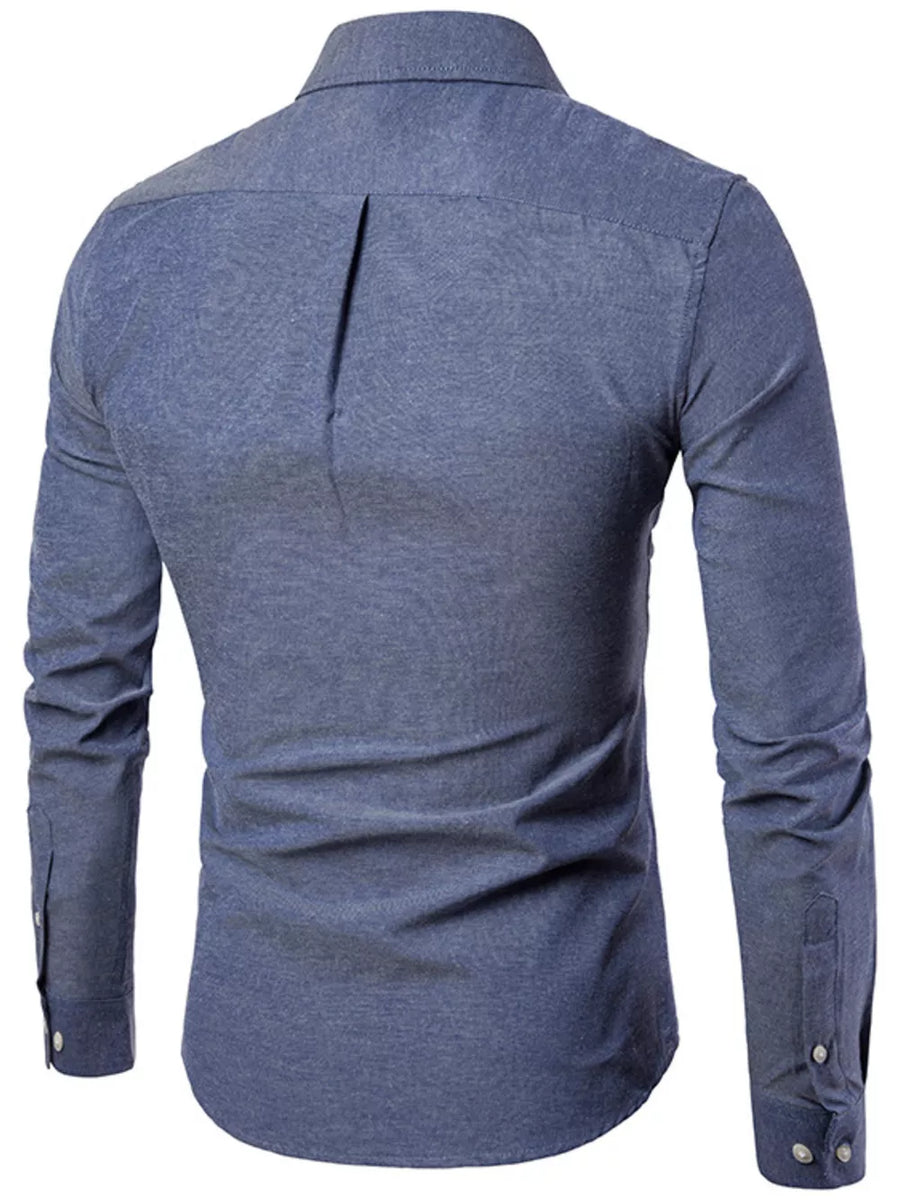 Men's blue cotton button-down shirt with long sleeves and a back pleat detail.