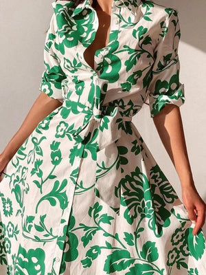 shirt dress in Green with floral and buttoned
