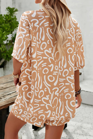 Women's resort shirt in caramel with abstract white print, short sleeves, button-down style