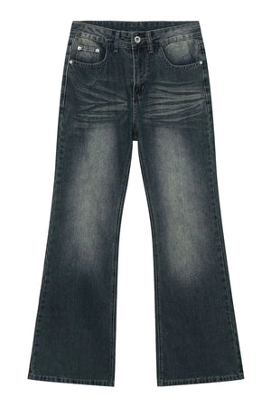 Faded flare jeans in dark vintage wash denim with a bootcut leg.