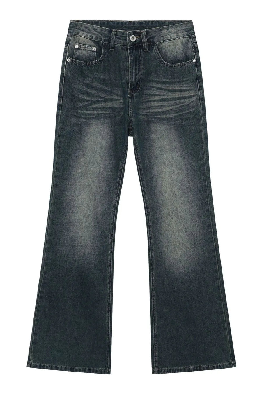 Faded flare jeans in dark vintage wash denim with a bootcut leg.